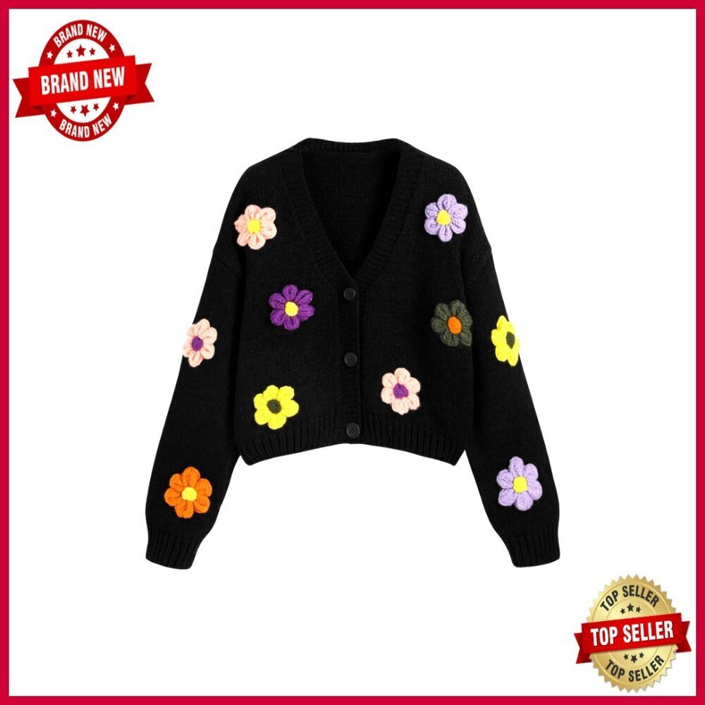 Floral Cropped Cardigan V Neck Button Down Sweater Knit Stretch